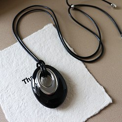Черный Длинное ожерелье из хлопкового шнура с подвеской в форме капли из латуни с эмалью, регулируемым кулоном., платина, чёрные, 28.35 дюйм (72 см)