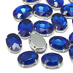Sapphire Sew on Rhinestone, Multi-strand Links, Glass Rhinestone, with Brass Prong Settings, Garments Accessories, Faceted, Oval, Platinum, Sapphire, 14x10x6.5mm, Hole: 1mm