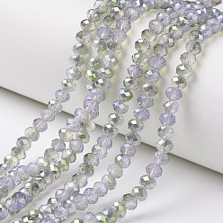 Lavender Electroplate Glass Beads Strands, Imitation Jade Beads, Pearl Luster Plated, Half Green Plated, Faceted, Rondelle, Lavender, 6x5mm, Hole: 1mm, about 92~94pcs/strand, 17~17.5 inch(42.5~43.75cm)