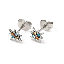 Colorful Rhinestone Flower Stud Earrings with 316 Surgical Stainless Steel Pins, Stainless Steel Color Plated 304 Stainless Steel Jewelry for Women, Colorful, 8x8mm, Pin: 0.8mm
