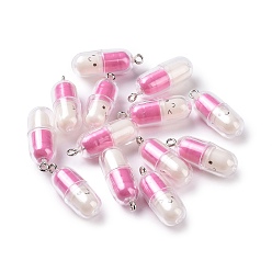 Deep Pink Translucent Plastic Pendants, Pill Capsule Charm, with Platinum Tone Iron Loops, Deep Pink, 29x10.5mm, Hole: 2mm