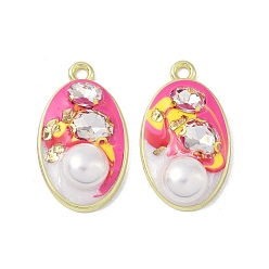 Pearl Pink Rack Plating Alloy Enamel Pendants, with Resin, ABS Imitation Pearl Beads, Rhinestone and Glass Beads, Cadmium Free & Nickel Free & Lead Free, Oval, Pearl Pink, 34x20x9mm, Hole: 2.5mm