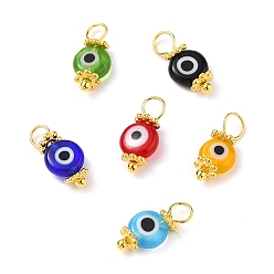 Mixed Color Handmade Evil Eye Lampwork Charms, with Brass Eye Pin and Tibetan Style Alloy Spacer Beads, Flat Round, Mixed Color, 13x6x2.5mm, Hole: 3mm