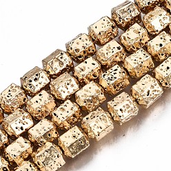 Light Gold Plated Electroplated Natural Lava Rock Beads Strands, Hexagon, Bumpy, Light Gold Plated, 8x7.5x6.5mm, Hole: 1.2mm, about 50pcs/strand, 15.35 inch~15.75 inch(39cm~40cm)