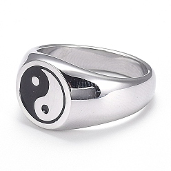 Stainless Steel Color 304 Stainless Steel Finger Rings, Yin Yang Ring, with Enamel, Gossip, Stainless Steel Color, Size 10, Inner Diameter: 20mm