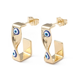 Blue Brass Enamel Evil Eye Stud Earrings, with Ear Nuts, Real 18K Gold Plated Twist Earrings for Women Girls, Blue, 24x12mm, Pin: 1mm