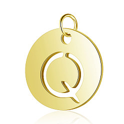 Letter Q 304 Stainless Steel Charms, Flat Round with Letter, Golden, Letter.Q, 12x1mm, Hole: 2.5mm
