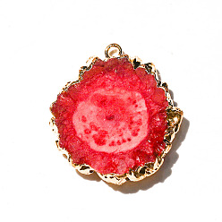 Red Natural Druzy Agate Dyed Pendants, Golden Edged Flower Slice Charms, Red, 15~30mm