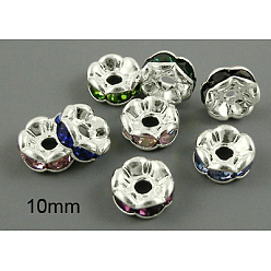 Mixed Color Brass Rhinestone Spacer Beads, Grade AAA, Wavy Edge, Nickel Free, Silver Metal Color, Rondelle, Mixed Color, 10x4mm, Hole: 2mm, Hole: 2mm