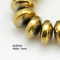 Plaqué Or Non-magnétiques perles d'hématite synthétique brins, Grade a, rondelle, plaqué or, 4x2mm