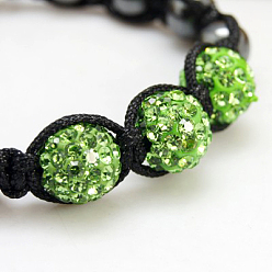 Peridot Fashion Disco Ball Bracelets, Square Knot Bracelet, with Hematte Beads and Rhinestone Clay Beads, Grade A, Peridot, 45mm