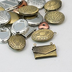 Mixed Color Brass Locket Pendants, Photo Frame Charms for Necklaces, Mixed Shapes and Mixed Color, about 11~20mm wide, 10~20mm long, 4~6mm thick, hole: 1~2mm