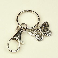 Platinum Tibetan Style Butterfly Keychain, with Iron Key Clasp Findings and Alloy Swivel Clasps, Platinum, 76mm