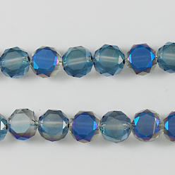 Blue Electroplated Glass Beads Strands, Frosted in Two Sides, Faceted, Flat Round, Blue, 8x4.5~6mm, Hole: 1mm, about 72pcs/strand