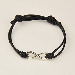 Antique Silver Alloy Infinity Multi-strand Bracelets, with Waxed Cotton Cord, Antique Silver, 40~65mmm