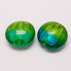 Lime Green Handmade Silver Foil Lampwork Beads, Flat Round, Lime Green, 29x14mm, Hole: 2.5mm