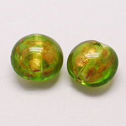 Yellow Green Handmade Gold Sand Lampwork Beads, Flat Round, Yellow Green, 12x8mm