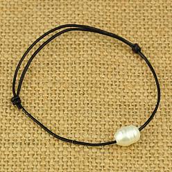 White Cowhide Leather Cord Bracelets, with Grade B Natural Freshwater Pearl Beads, White, Adjustable, White, 50~80mm