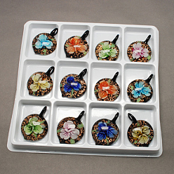 Mixed Color Handmade Gold Sand Lampwork Pendants, Flower, Mixed Color, 51x36x14mm, Hole: 8mm, 12pcs/box
