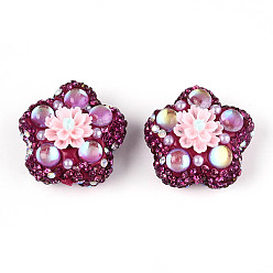 Средний Фиолетовый Полимерная глина в форме цветка со стразами, с жемчужиной из смолы и АБС-пластика, для ручек с бусинами, брелки, ювелирные изделия и ремесла, средне фиолетовый, 25.5x26.5x18.5 мм, отверстие : 1.8 мм