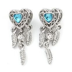Платина Стойки с покрытием из сплава, паве, индиколит, стразы, сердце с перьями, европейские подвески с подвесками, Подвески с большими отверстиями, без кадмия, без никеля и без свинца, платина, 32.5x11.5x10.5 мм, отверстие : 4.7 мм