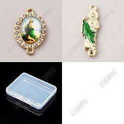 Doré  24 pièces 2 styles alliage émail avec strass en cristal et breloques connecteurs en acrylique, liens vers la vierge marie, verte, or, 24.5~36x12~15x4~5mm, Trou: 1.6~2mm, 12 pcs / style