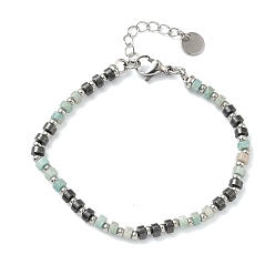 Амазонит Браслеты из натурального амазонита и немагнитного синтетического гематита для женщин, колонка, с 201 нержавеющей сталью и 304 фурнитурой из нержавеющей стали, бусина : 3 мм и 4.5x2 мм, 7-1/2 дюйм (19.1 см)