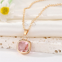 Pink square necklace Stylish Crystal Geometric Necklace with Square Diamonds and French Gold Trim
