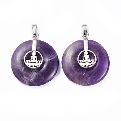 Amethyst Natural Amethyst Pendants, with Platinum Tone Brass Findings, Donut/Pi Disc with Buddha, 35.5x30x8.5~9.5mm, Hole: 4.5x6.5mm