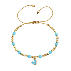 Золотой Регулируемые браслеты с подвеской в виде сердца из сплава с эмалью, Круглые эластичные браслеты из латуни и акрила для женщин, золотые