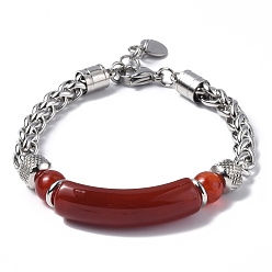 Carnelian Natural Carnelian Curved Tube Bead Bracelets, 304 Stainless Steel Chain Bracelets for Women, 7-1/2 inch(19cm)