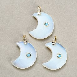 Opalite Pendentifs opalite, charmes lune, avec des pierres précieuses en laiton pavées de zircone cubique, or, 28~30x24.5~25.5x8~9mm, Trou: 5.5x6mm