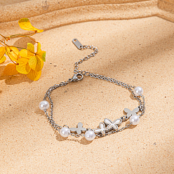 Нержавеющая Сталь Цвет Двухслойные браслеты из ракушечных жемчужин с бабочками, 201 из нержавеющей стали браслеты многожильных, цвет нержавеющей стали, 6-1/4 дюйм (16 см)