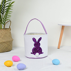 Purple Cloth Bunny Pattern Baskets with Glitter Sequins, Easter Eggs Hunt Basket, Gift Toys Carry Bucket Tote, Purple, 230x240mm