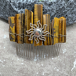 Tiger Eye Sun Wire Wrapped Natural Tiger Eye Hair Combs, with Iron Combs, Hair Accessories for Women Girls, 100x100mm