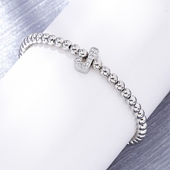 Letter J Латунные круглые бусины эластичные браслеты, Подвеска в виде буквы из латуни с микропаве из прозрачного кубического циркония для женщин, без свинца и без кадмия, стойки покрытие, платина, буква J, внутренний диаметр: 2~2-1/8 дюйм (5~5.5 см)