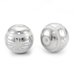 Platinum Plated Electroplate Glass Beads, Round with Flower Pattern, Platinum Plated, 10x9.5~10mm, Hole: 1.2mm, 200pcs/bag