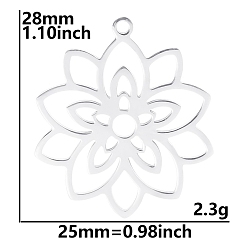 Stainless Steel Color 304 Stainless Steel Pendants, Hollow, Lotus Charm, Stainless Steel Color, 28x25mm