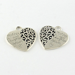 Antique Silver Heart with Words Tibetan Style Alloy Pendants, Lead Free & Cadmium Free, Antique Silver, 29x28x2mm, Hole: 3.5mm, about 100pcs/500g