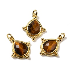 Tiger Eye Natural Tiger Eye Faceted Pendants, Rhombus Charms with Rack Plating Golden Tone Brass Findings, Cadmium Free & Lead Free, 19.5x16x5mm, Hole: 3mm