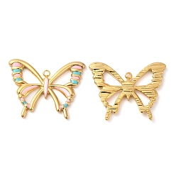 Pink 304 Stainless Steel Enamel Pendants, Real 18K Gold Plated, Hollow Butterfly Charm, Pink, 20x25.5x2mm, Hole: 1.5mm