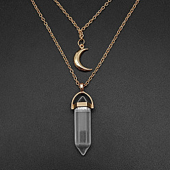 Quartz Crystal Natural Quartz Crystal Cone Pendant Double Layer Necklace, with Moon Charms, 19.69 inch(50cm)