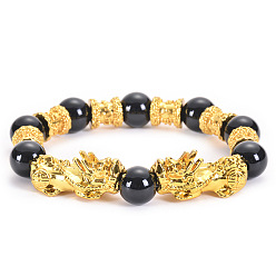 Pixiu Bracelet-02 Black Obsidian Six-Word Mantra Bracelet with Golden Pixiu Bead Buddhist Prayer Beads Gift Handmade Jewelry
