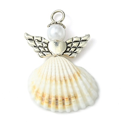 Antique Silver Spiral Shell Angel Pendants, Angel Charms with Alloy Wing, Antique Silver, 35x22.5x9mm, Hole: 3mm