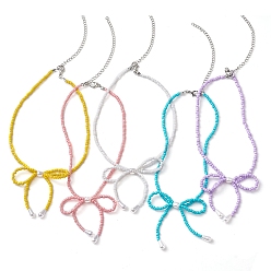 Mixed Color Bowknot 304 Stainless Steel Necklaces, Acrylic Bead Necklaces for Women, Mixed Color, 12.60~12.80 inch(32~32.5cm)