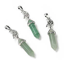 Green Aventurine Natural Green Aventurine Double Terminated Pointed Big Pendants, with Platinum Tone Brass Findings, Cadmium Free & Lead Free, Moon with Fairy & Bullet, Faceted, 62~66mm