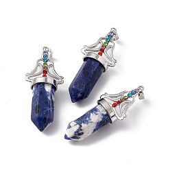 Sodalite Natural Sodalite Big Pendants, 7 Chakra Faceted Bullet Charms, with Platinum Plated Brass Findings and Colorful Rhinestone, Cadmium Free & Lead Free, 55x22.5x16mm, Hole: 8x5mm