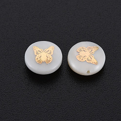Seashell Color Natural Freshwater Shell Beads, with Golden Plated Brass Metal Embellishments, Flat Round with Butterfly, Seashell Color, 8x3.5mm, Hole: 0.7mm