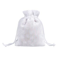 White Linenette Drawstring Bags, Rectangle, White, 14x10cm