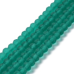 Teal Transparent Glass Beads Strands, Faceted, Frosted, Rondelle, Teal, 8mm, Hole: 1mm, about 65~68pcs/strand, 15.7~16.1 inch(40~41cm)